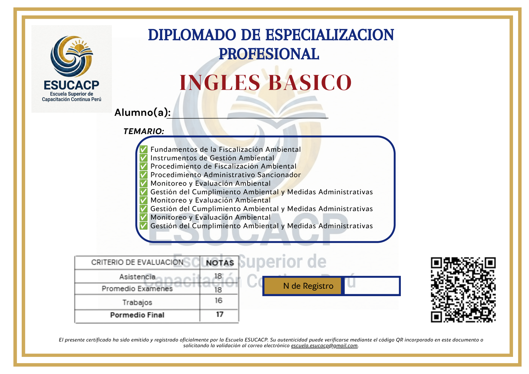 Reverso del diplomado oficial ESUCACP